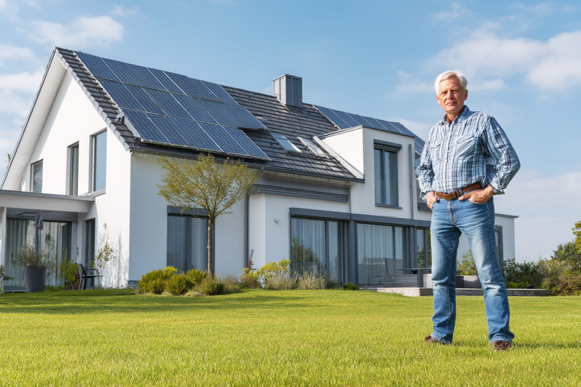 Maison avec panneaux solaires sur le toit, un propriétaire observe fièrement l’installation depuis son jardin, sous un ciel clair.