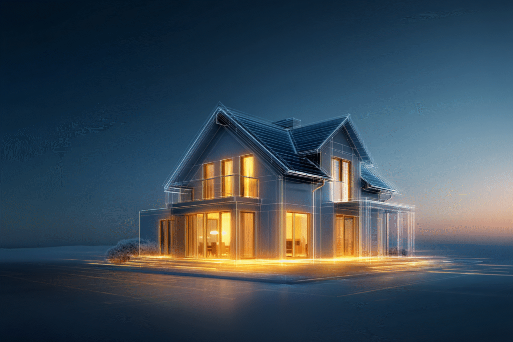 Maison moderne entourée d’une aura lumineuse protectrice, illustrant l’effet d’une bonne étanchéité extérieure sur l’isolation thermique.