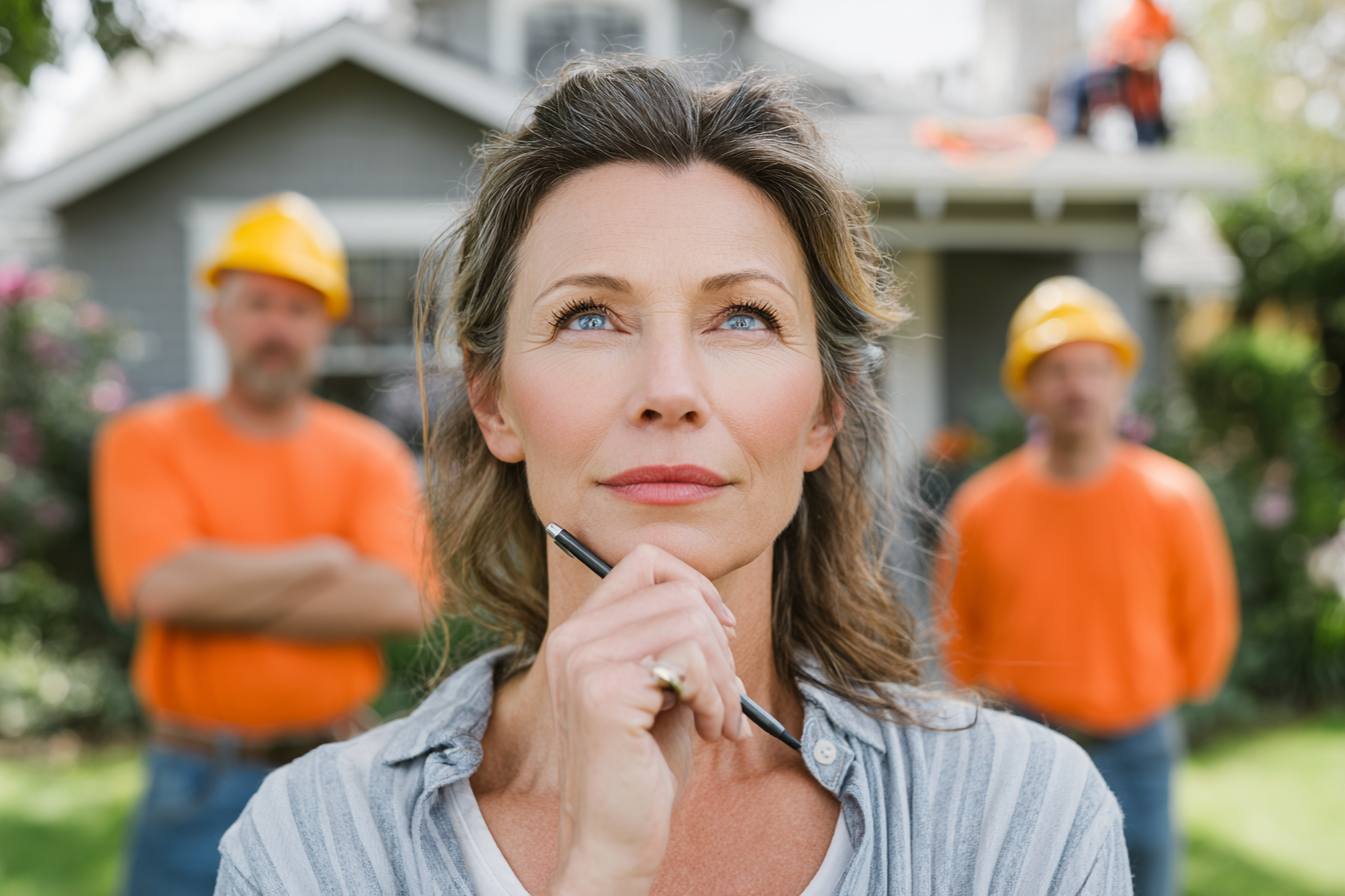 Femme pensive devant sa maison pendant une inspection de toiture, symbolisant la réflexion autour de l’assurance et des travaux d’isolation toiture.