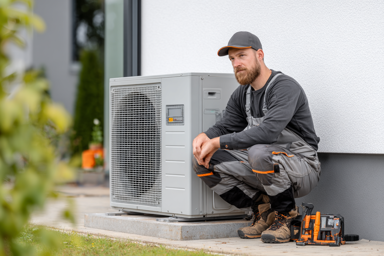 Installation d’une unité extérieure de pompe à chaleur air-eau par un technicien professionnel sur dalle béton.