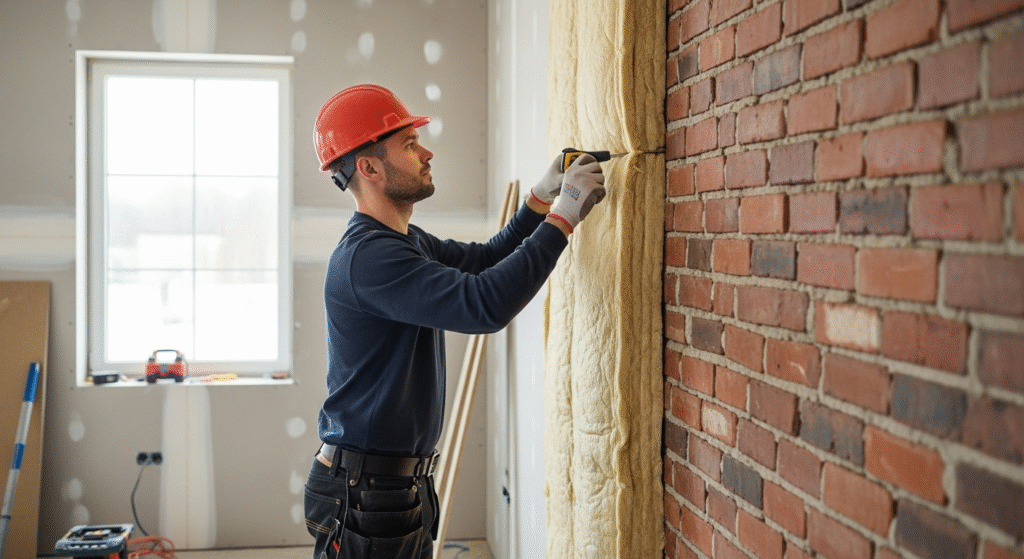 un ouvrier installant de la laine de verre