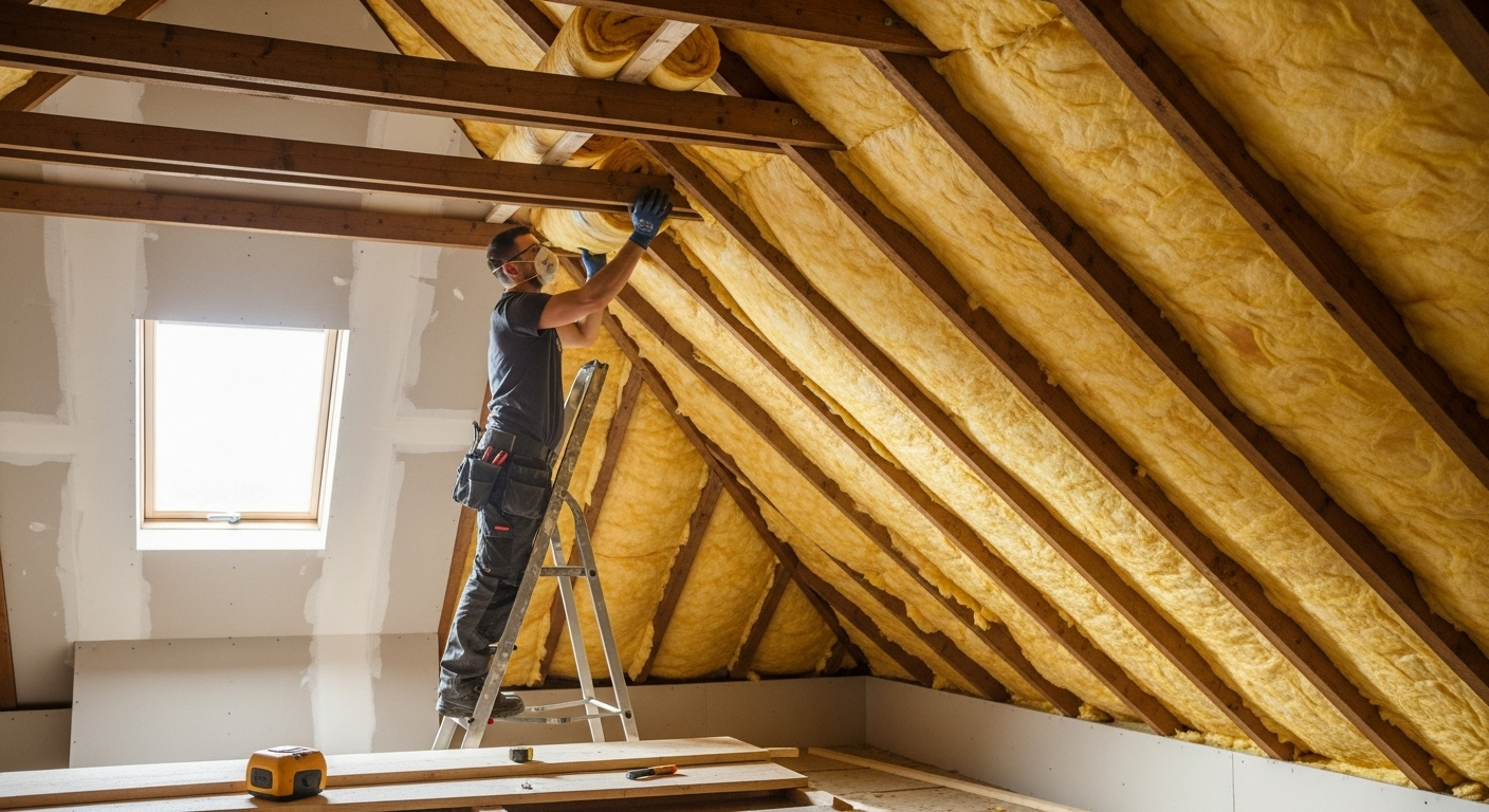 Rénovation de combles un homme en plein travail d'isolation du toit. Il est sur un escabeau, fixant de la laine de verre jaune contre les chevrons de bois