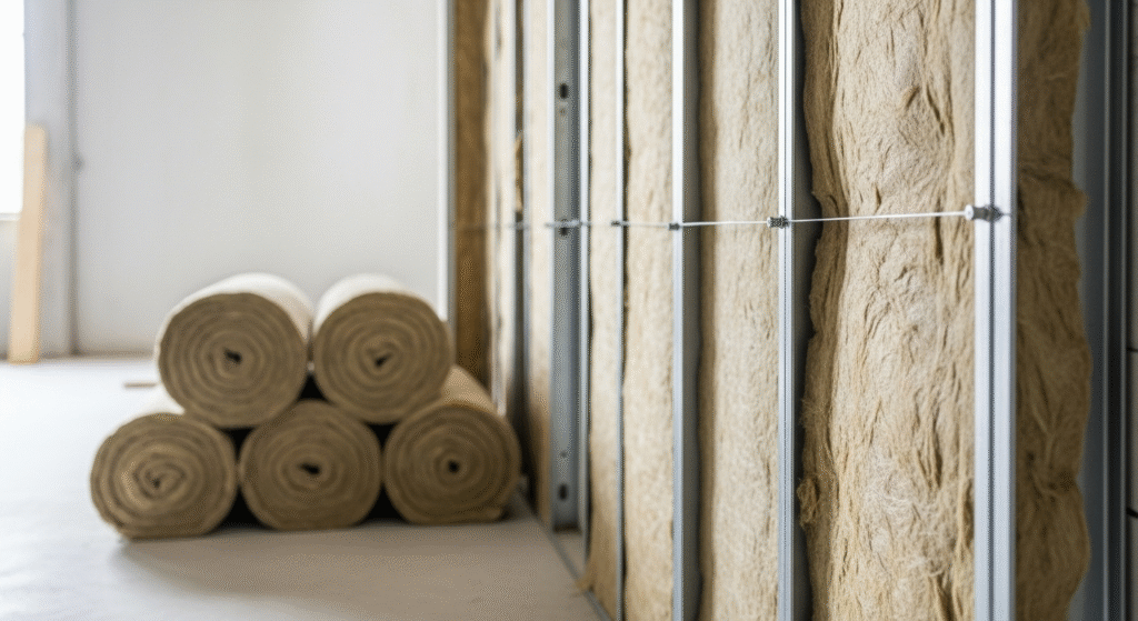 panneaux de de laine de verre fixés à une ossature, rouleaux de laine de verre au sol