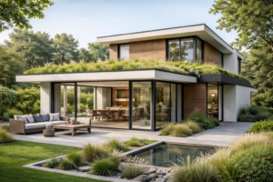Maison contemporaine avec toiture végétalisée mettant en valeur la structure d’une toiture moderne et les choix architecturaux durables.