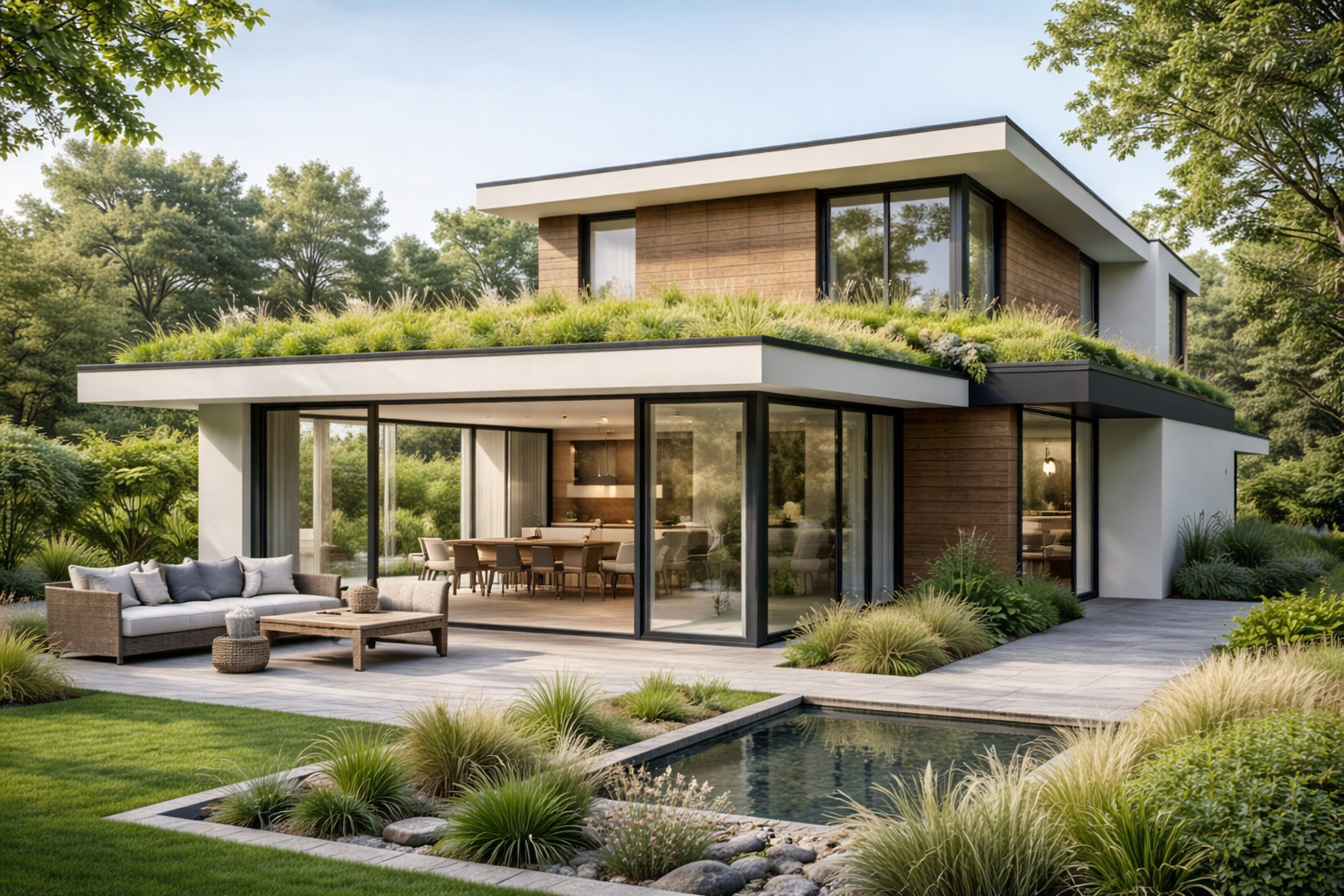 Maison contemporaine avec toiture végétalisée mettant en valeur la structure d’une toiture moderne et les choix architecturaux durables.