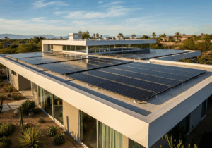 Image d’une maison moderne équipée de panneaux solaires sur toiture, sous un soleil d’été intense